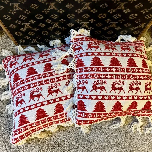 Pair of Christmas Red White Tapestry Pillow Covers Deer, Tree, Hearts - Picture 6 of 6